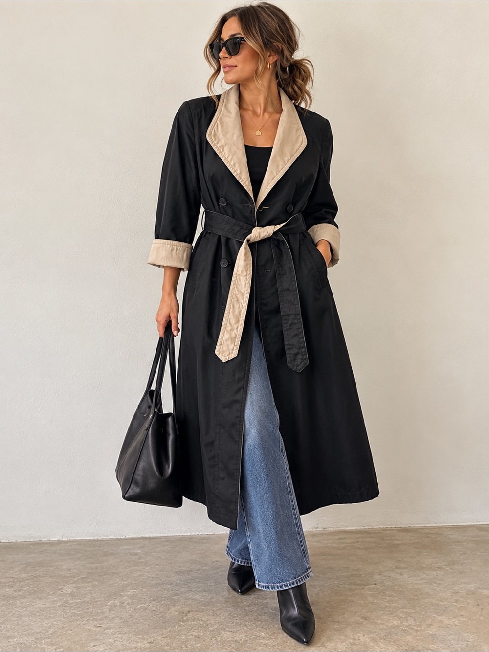 Vintage Reversible Trench Coat Black Tan Belted Double Breasted Longline Classic
